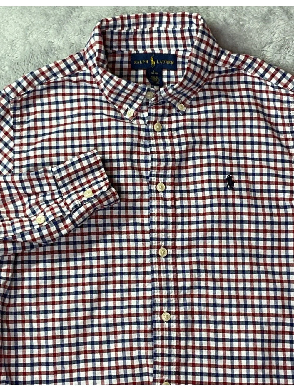 Ralph Lauren Plaid Button Up Dress Shirt Boy's Size L( 14-16) Red White Blue